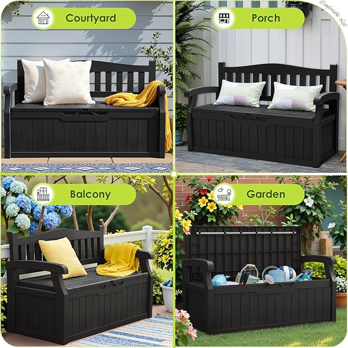Greesum 80 Gallon Outdoor Storage Bench, Resin Patio Furniture with Armrest,Waterproof and UV-Resistant, Perfect to Garden, Poolside and Lawn, Dark Black-HomvellaHome