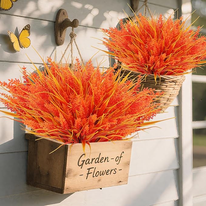 Geegoods 24 Bundles Artificial Fall Flowers Outdoor – Faux Lavender Flowers with Monkey Grass UV Resistant Plastic Faux Plants for Garden Porch Patio Home Decor, Autumn Color-HomvellaHome