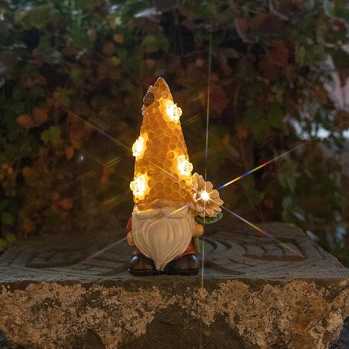 Garden Gnome Statue Solar Powered with Glowing Bees Sunflower Outdoor Funny Resin Figurine Decorations for Patio Yard Lawn Porch Housewarming Ornament Gift-HomvellaHome