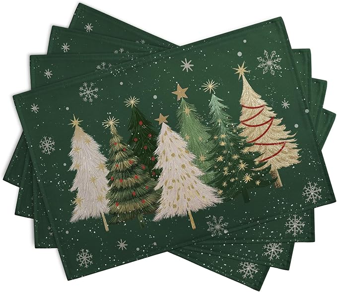 Green Christmas Tree Placemats Set of 4, 12x18 Inch Xmas Trees Snowflakes Winter Holiday Place Mats Seasonal Washable Linen Table Mats for Indoor Outdoor Kitchen Dining Party Décor-HomvellaHome