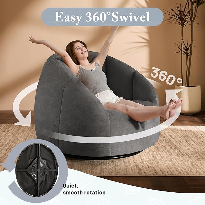 Giant Bean Bag Swivel Chair for Adults - Comfy Plush Round Shell Soft Accent Beanbag Chair, Oversized Cozy Floor Sofa Reading Chair for Living Room, Bedroom & Game Rooms, Gray-HomvellaHome