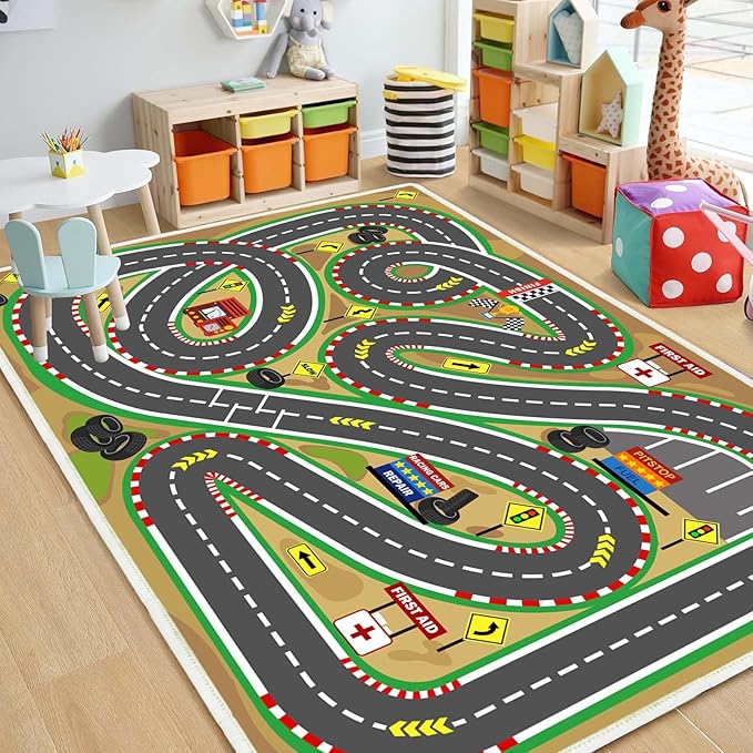 Kids Rug Play mat Playroom Rugs Car Rugs for Kids Toy Cars Race Track for Classroom Rug (Race-Brown, 5.2x7.9ft)-HomvellaHome