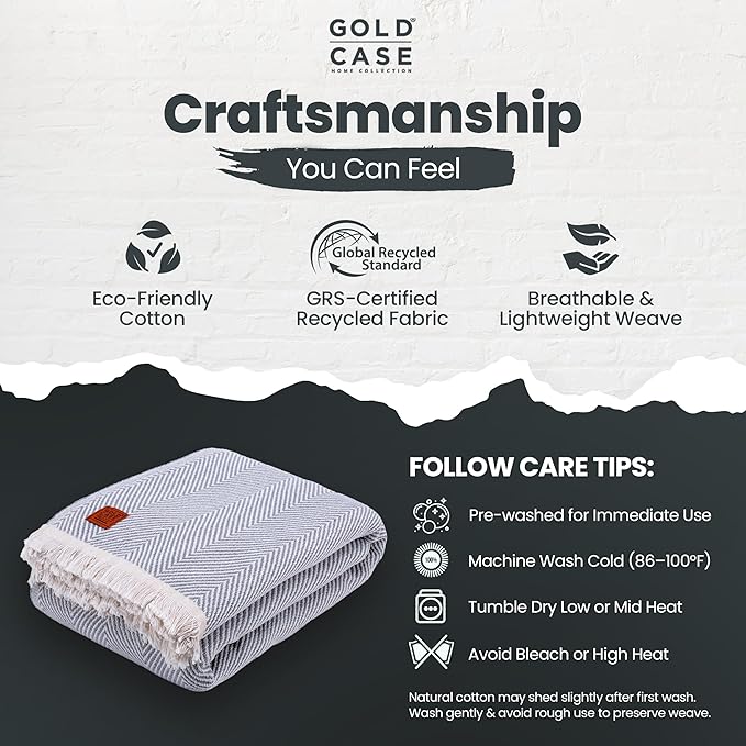 Gold Case Throw Blanket for Bed – 100% Recycled Turkish Cotton Bed Blanket – Decorative Throw Cotton Blankets for Living Room & Bedroom – Elegant Grey Woven Queen Blankets – 90x90-HomvellaHome