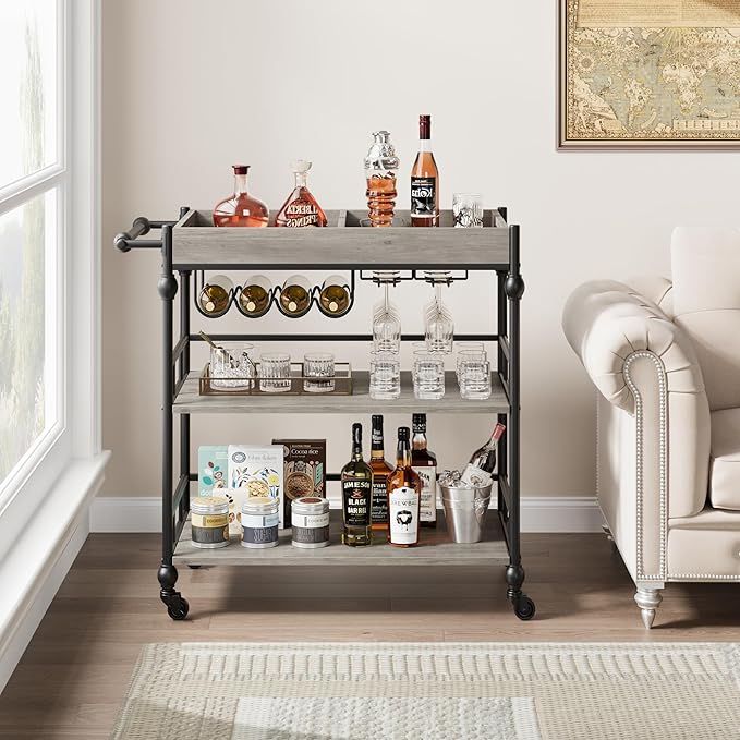 GarveeHome Bar Cart, Bar Carts for The Home, 3 Tier Serving Cart with Wheels, Home Bar & Serving Carts, Metal Rolling Cart with Wine Rack & Removable Tray for Kitchen, Dining Room, Living Room-Grey-HomvellaHome