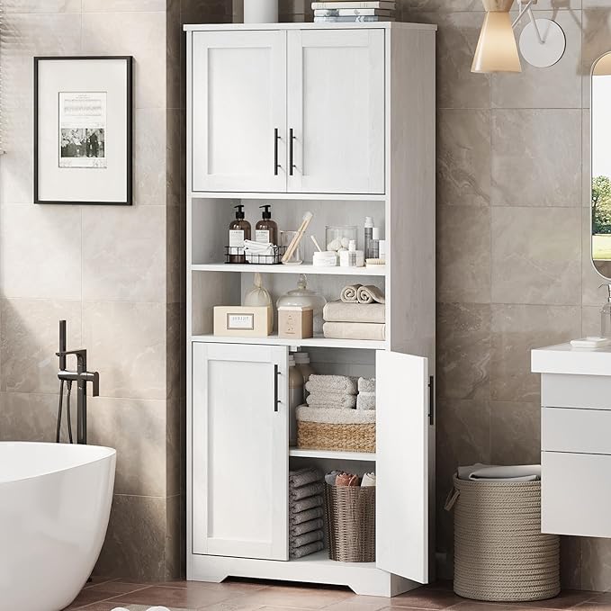 GarveeHome 67" Tall Storage Cabinet, Tall Bathroom Cabinet with 4 Doors and Adjustable Shelves, Freestanding Kitchen Pantry Cabinets, Cupboard for Living Room, Dining Room, Antique White-HomvellaHome