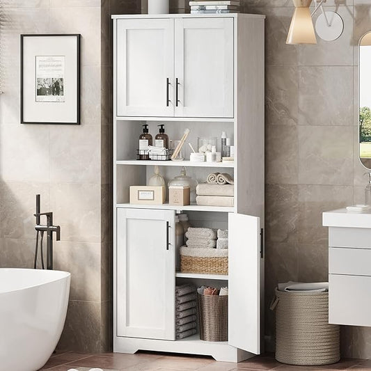 GarveeHome 67" Tall Storage Cabinet, Tall Bathroom Cabinet with 4 Doors and Adjustable Shelves, Freestanding Kitchen Pantry Cabinets, Cupboard for Living Room, Dining Room, Antique White-HomvellaHome
