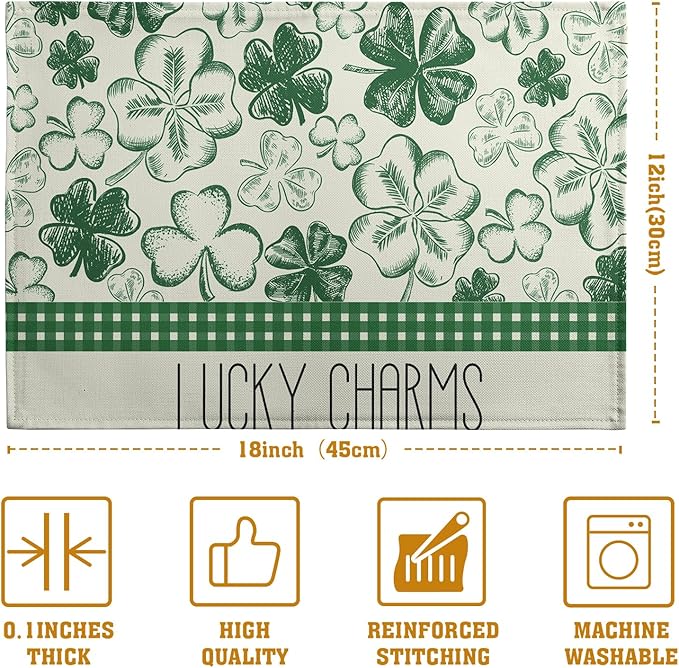 Green Shamrock St Patricks Day Placemats Set of 4 Lucky Clover Plaid Check Table Mat 12x18 Inch St. Patrick's Day Seasonal Holiday Place Mats Spring Linen Placemat for Party Kitchen Dining Decor-HomvellaHome
