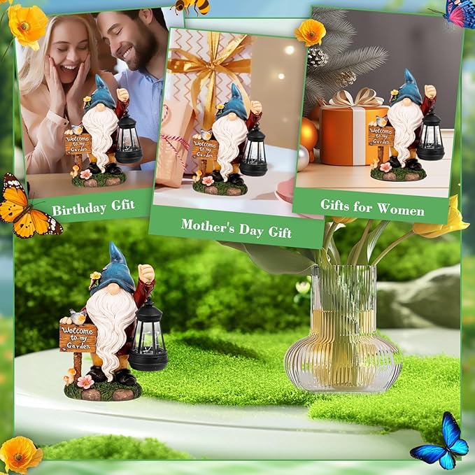 Garden Gnome Statues Figurine Lights - Solar Powered Lighting Outdoor Decorations with Lantern & Welcome Sign, Yard Art Lawn Ornaments for Porch Patio Balcony - Gnome Gifts for Women Mom-HomvellaHome