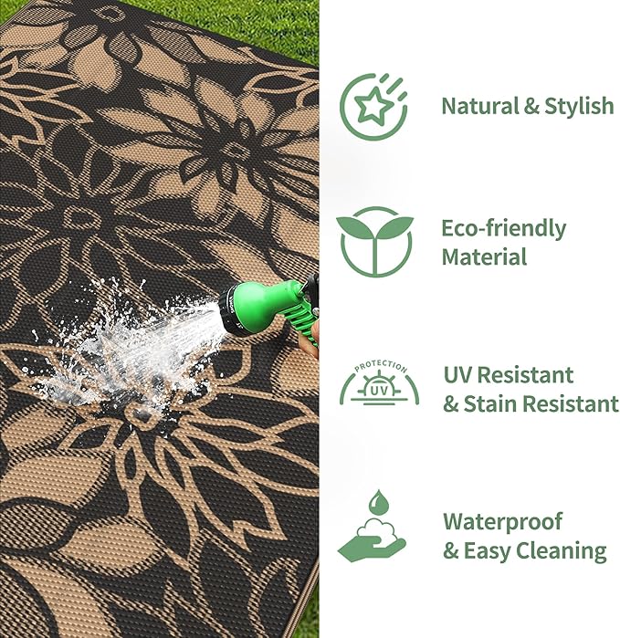 GENIMO Outdoor Rug Waterproof for Patio Decor, 9' x 12' Reversible Plastic Straw Floral Camping Carpet, Large Area Rugs Mats for RV, Camper, Deck, Balcony, Porch, Beach, Picnic, Black & Brown-HomvellaHome