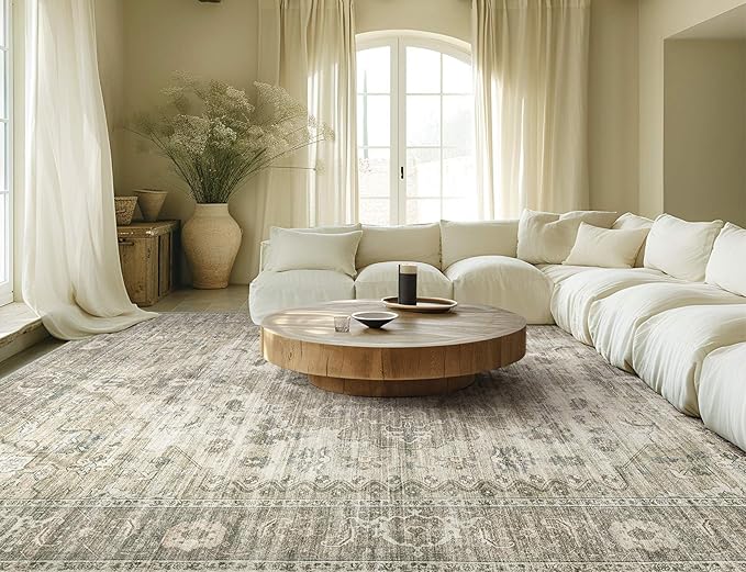 Washable Area Rugs for Living Room - 5x7 Neutral Vintage Distressed Floral Farmhouse Boho Large Soft Floor Rug Indoor Non Slip Carpet for Living Room Bedroom Dining Room Office - Brown/Tan-HomvellaHome
