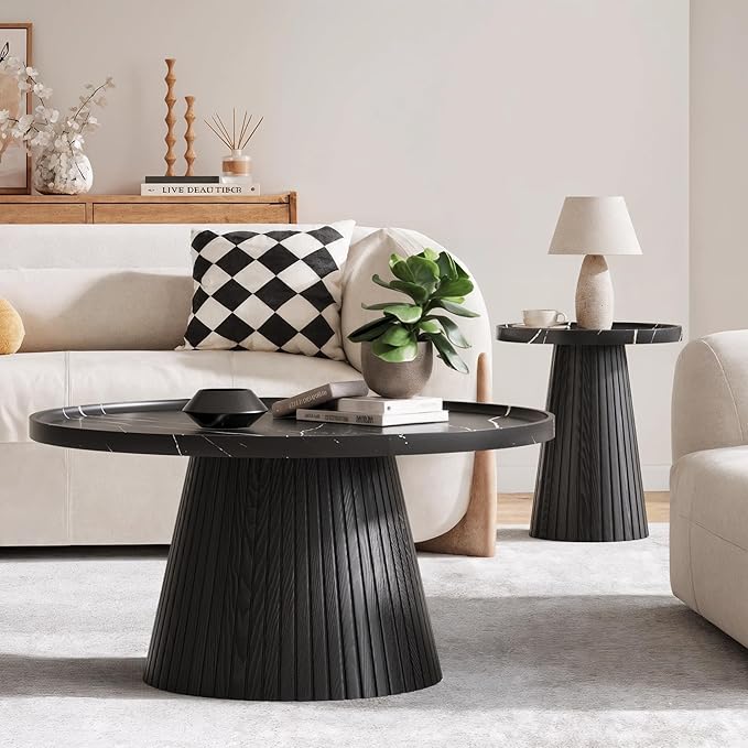 win2win Nesting Coffee Table Set of 2, Modern Coffee Table with Marble Veneer, Fluted Round Tea Table and End Table Set, Minimalist Center Tables for Living Room, Office, Black-HomvellaHome