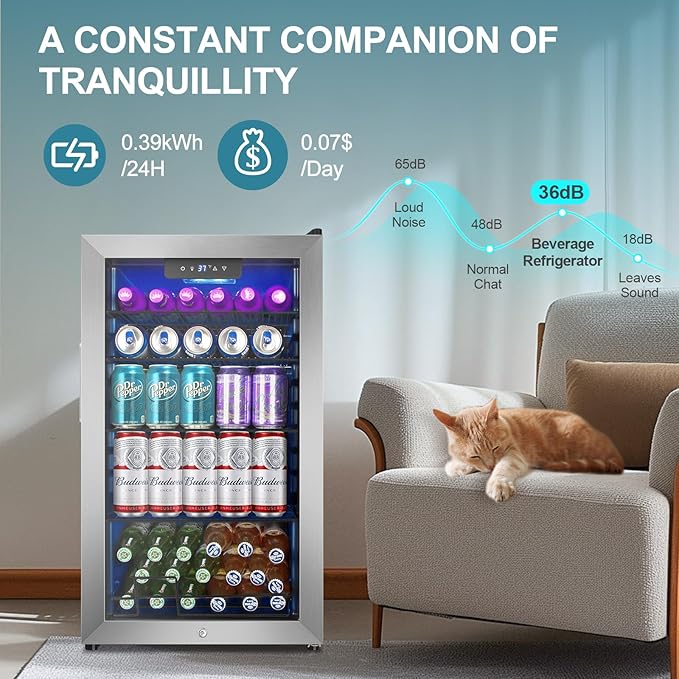 128 Cans Beverage Refrigerator Cooler, 3.2 Cu.Ft Mini Drink Fridge Glass Door for Drink Beer Soda Wine, Beer Fridge with 4 Removable Shelves for Kitchen Bedroom, Office Bar Gaming Room,Stainless Steel-HomvellaHome