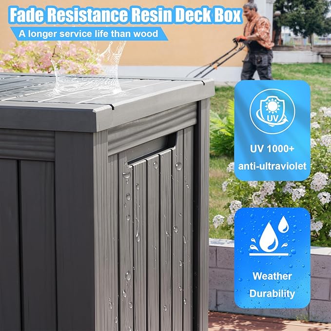 180 Gallon Deck Box,Resin Outdoor Storage Box with Lockable for Patio Furniture, Pool Accessories, Garden Tools Waterproof Outside Storage Box, Grey-HomvellaHome