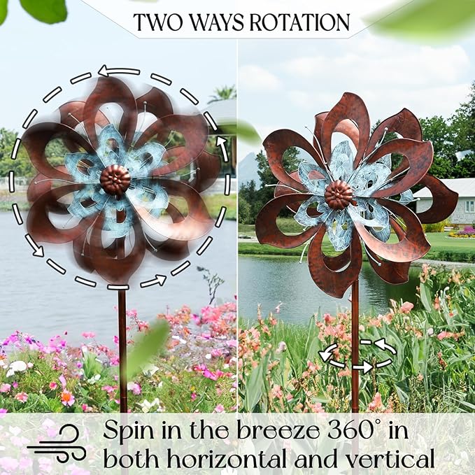 Garden Wind Spinner,Flower Wind Spinner,Outdoor Metal Wind Sculpture & Spinner Large 23 inch Dia 84 inch Height Kinetic Windmill for Garden Yard-HomvellaHome