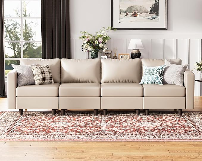 118.5" Faux Leather Modular Sectional Sofa with Storage Seat, Oversized 4 Seater Couch Deep Seat with Removable Cover Whitesand-HomvellaHome