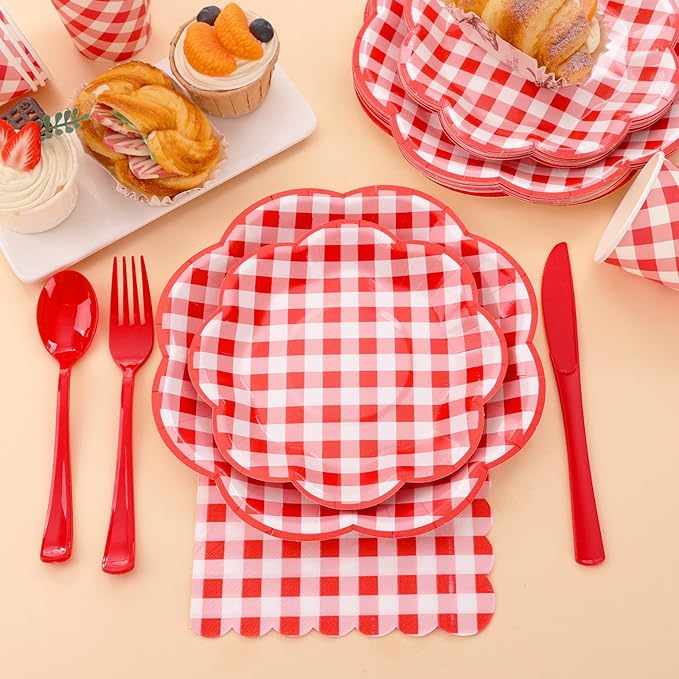 175 Pcs Red Gingham Plates and Napkins Party Supplies - Red and White Checkered Plates Sets Serve 25 Guests - Scalloped Gingham Paper Plate for Birthday Picnic BBQ Christmas Party Decorations-HomvellaHome