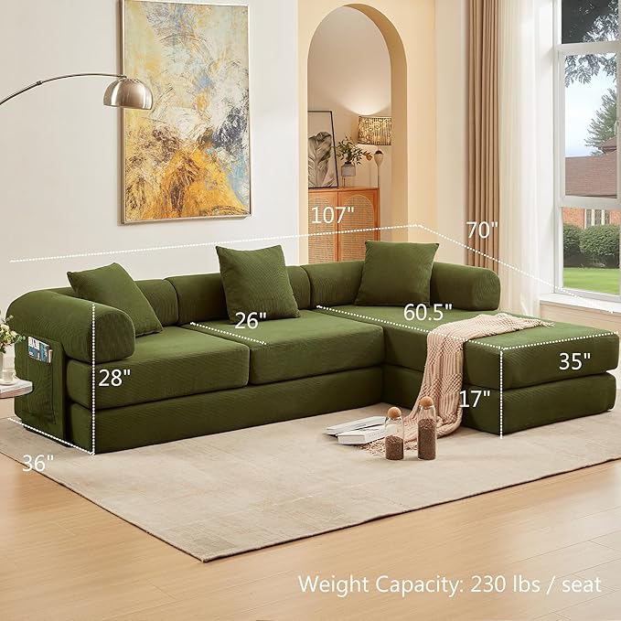 107" Oversized Convertible Sleeper Sofa Bed, Corduroy L Shape Sectional Couch, Folding Sofa Bed with Side Pocket, Modern Cloud Floor Mattress Couch, Modular Sofa for Living Room, Green-HomvellaHome