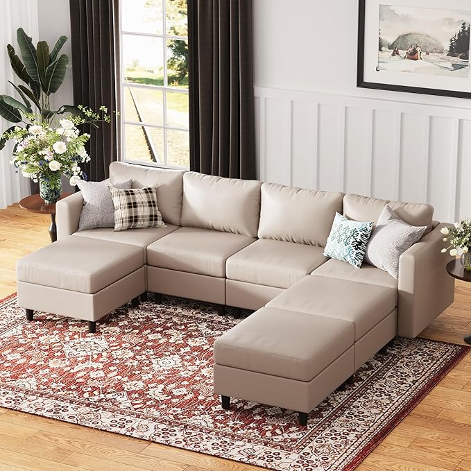 118.5" Faux Leather Modular Sectional Sofa, 7 Seater U Shaped Couch with Storage Seat with Reversible Chaise Deep Seat for Living Room Whitesand-HomvellaHome