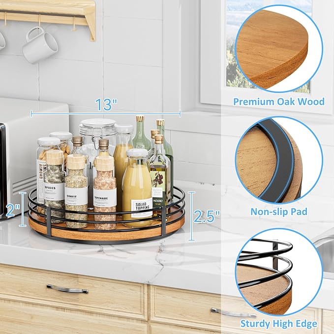 13" Lazy Susan Turntable Organizer - Wood Round Lazy Susan for Cabinet Kitchen Countertop Pantry Cupboard Dining Table Bathroom Coffee Bar Spice Storage Home Decor-HomvellaHome