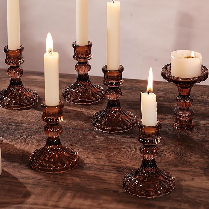 12PCS Amber Candlestick Holders Set- 4" H Taper Candle Holders, Glass Candle Holders Bulk for Wedding, Party, Fall Home Table Centerpieces, Festival Gifts & Windowsill Decor-HomvellaHome