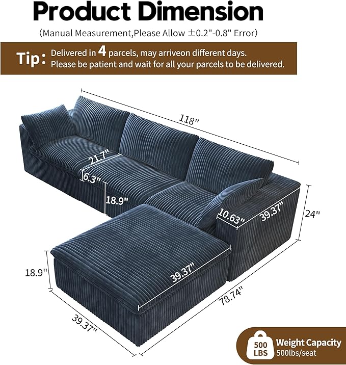 118" L Shaped Modern Sofa Modular Sectional Cloud Couch with Ottoman,Deep Seat Upholstered Couches with Plush Corduroy Fabric for Living Room Furniture,Bedroom and Apartment,No Assembly Required,Blue-HomvellaHome