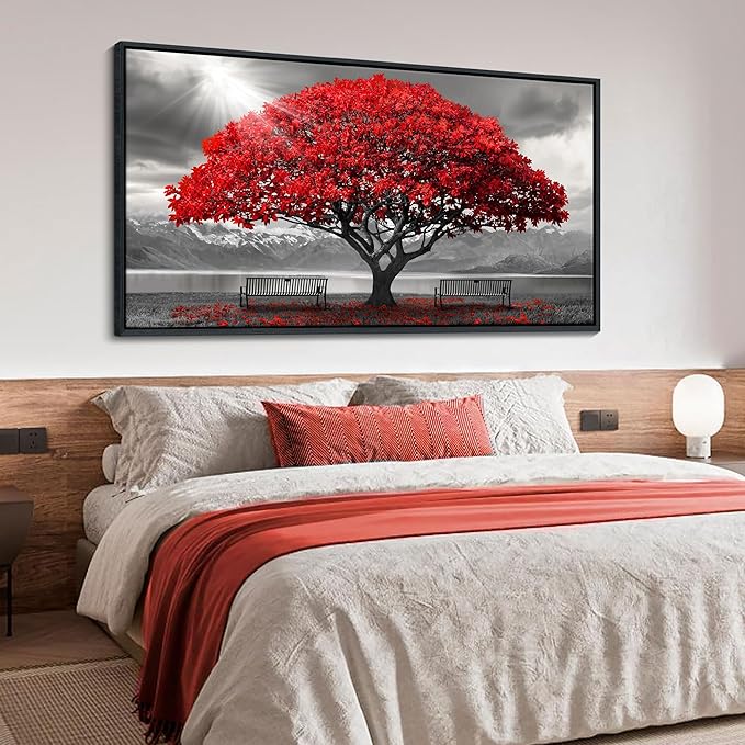 AJAZIKO Red Wall Art - Modern Framed Wall Art for Living Room - Red Tree Black and White Landscape Canvas Prints Posters & Prints for Home Office Bedroom Decorations - Large Wall Pictures 29×58IN-HomvellaHome
