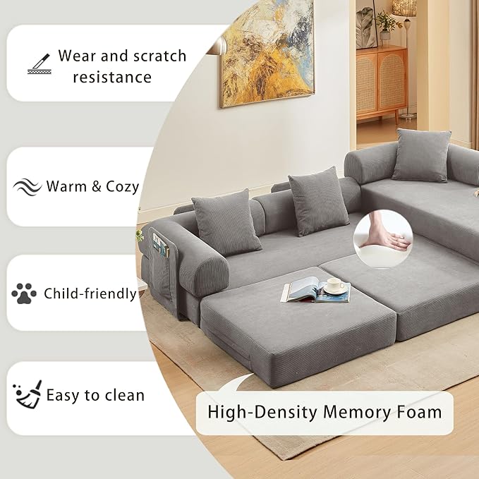 107" Oversized Convertible Sleeper Sofa Bed, Corduroy L Shape Sectional Couch, Folding Sofa Bed with Side Pocket, Modern Cloud Floor Mattress Couch, Modular Sofa for Living Room, Grey-HomvellaHome