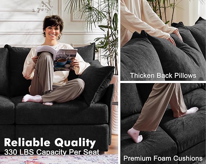 102.6" Luxury Modular Sleeper Sofa Bed 6 Seat Reversible Sectional Couch Deep Seat with Storage Chaises Removable Cover for Living Room, Apartment - Chenille Black-HomvellaHome