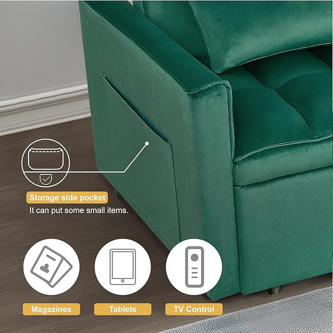 3 in 1 Sleeper Sofa Bed, Futon Sofa Bed for Living Room with Side Pocket, Green Sleepers Sofas Couch with Pullout Beds, Convertible Love Seat Sleepers Couch for Living Room, Bedroom-HomvellaHome