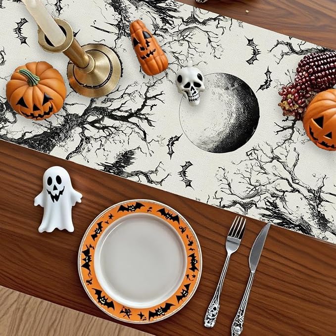 GPGHE Halloween Table Runner Black Ghost Holiday Burlap Table Decoration Indoor Outdoor Home Decor Party Supply 13 x 108 Inch-HomvellaHome