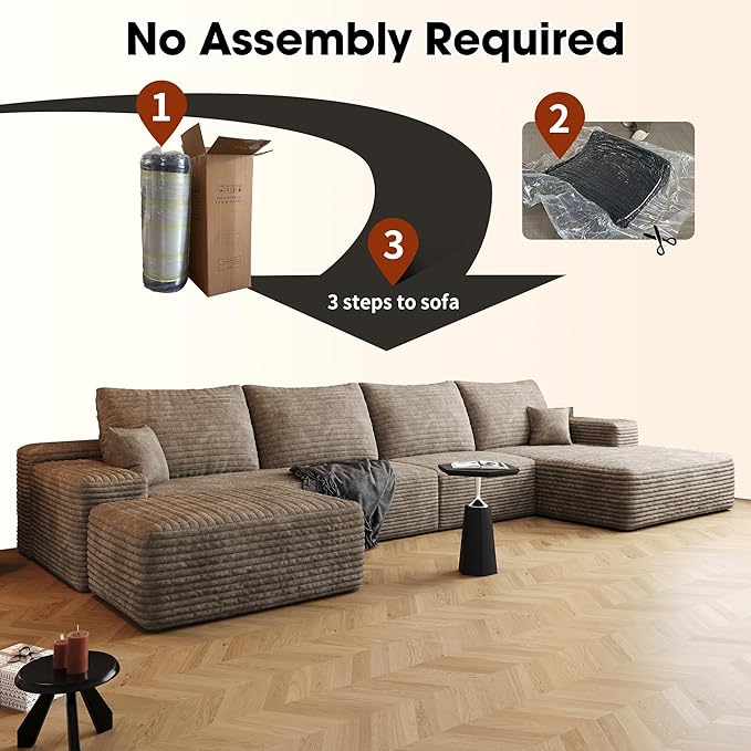 136" Sectional Couches for Living Room Modern Modular Sofa with L-Shape Couchs Upholstered Boneless Couch Deep Seat Sectional Couch with Chaise (Camel, Right Facing Chaise+3Seaters+Ottoman)-HomvellaHome