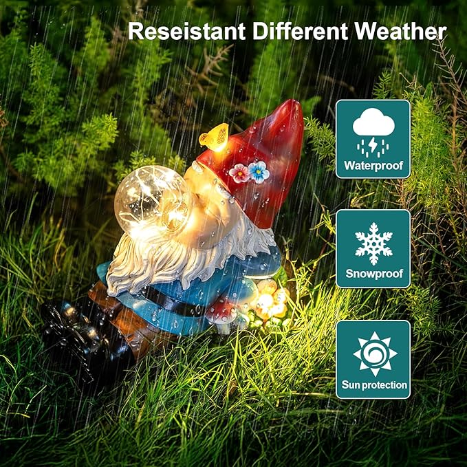 Gnome Solar Garden Statue with LED Light - Waterproof Outdoor Decoration for Terrace, Courtyard & Lawn for Moms & Women-HomvellaHome