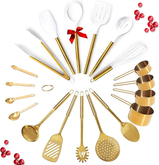 Gold Kitchen Utensils Set - 19-Piece Set Includes Stainless Steel Gold Utensils, White Silicone Tools, and Measuring Cups and Spoons - Luxury Kitchen Accessories for Modern Cooking, Serving, & Gifting-HomvellaHome