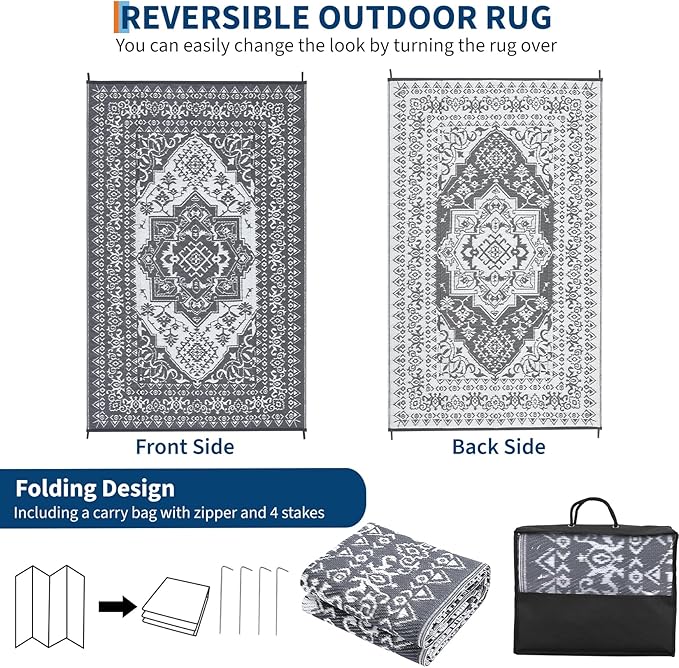 GAOMON Outdoor Patio Rug 9x12 Waterproof Reversible Plastic Straw Rug, Large UV-Resistant Portable RV Camping Mats, Indoor Outdoor Rugs for Outside Deck Porch Garden RV, Gray & White-HomvellaHome