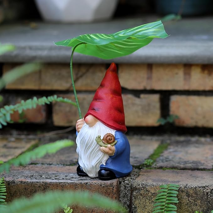 Garden Gnome Statue Decoration with Leaf Umbrella, 7.5” Figurine Ornament for Indoor Outdoor Home Patio Yard Lawn, for Gnome Lovers & Garden Enthusiasts，Mom，Women-HomvellaHome