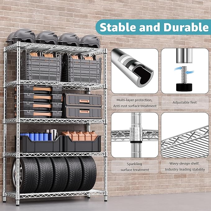 1750 LBS Storage Shelves 5-Tier Utility Shelving Unit Steel Organizer Wire Rack for Home,Kitchen,Office,Garage, Capacity 17.7" D x 47.2" W x 72.3" H-HomvellaHome