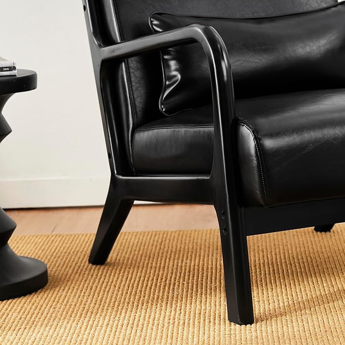Glitzhome 2 Set Mid Century Black Accent Armchair, Single Reading Armchair PU Leather Lounge Chair with Walnut Ruberwood Frame-HomvellaHome