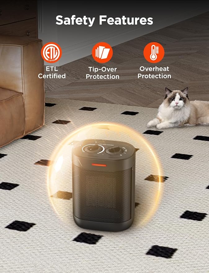 1000W Small Space Heater for Indoor Use, 2S Fast Heating, PTC Ceramic Electric Space Heater with 3 Modes, Thermostat, Overheated & Tip-Over Safety Protection, Portable Heater for Office and Bedroom-HomvellaHome