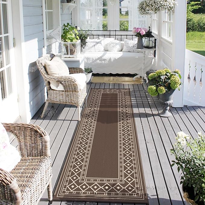 GENIMO Outdoor Rug Waterproof for Patio Decor, 2.5'x8' Foldable Reversible Plastic Straw Runner Rugs Carpet for Porch, Outside Area Mat for Rv, Deck, Picnic, Camper, Balcony, Coffee & Beige-HomvellaHome