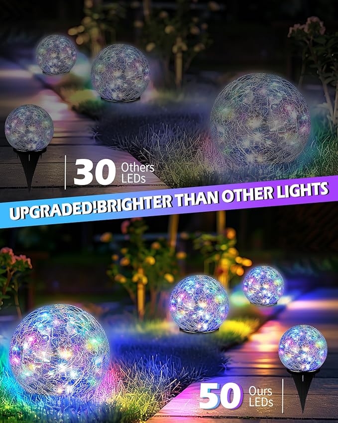 Garden Solar Ball Lights Outdoor Waterproof, 50 LED Cracked Glass Globe Solar Power Ground Lights for Path Yard Patio Lawn, Outdoor Decoration Landscape Colorful(2 Pack 4.7'')-HomvellaHome