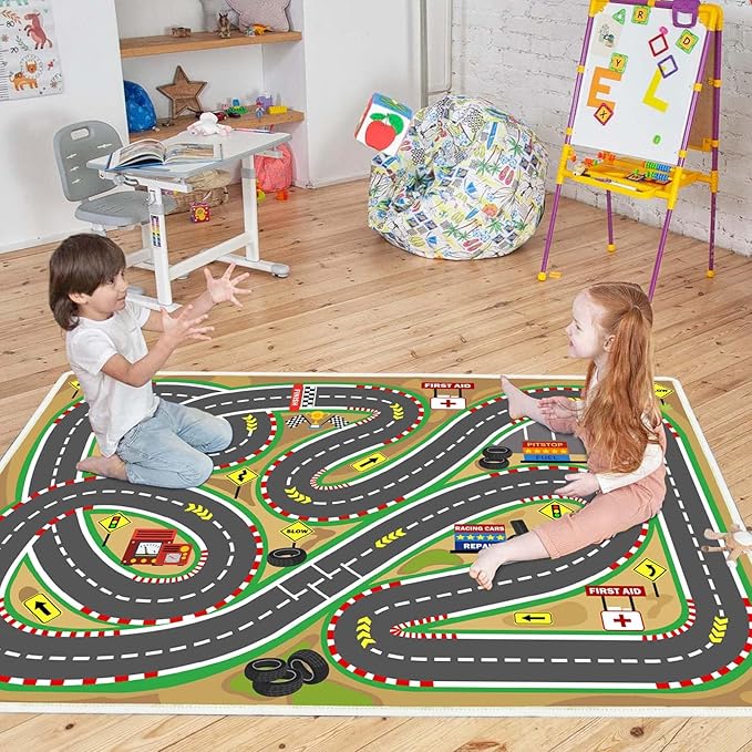 Kids Rug Play mat Playroom Rugs Car Rugs for Kids Toy Cars Race Track for Classroom Rug (Race-Brown, 5.2x7.9ft)-HomvellaHome