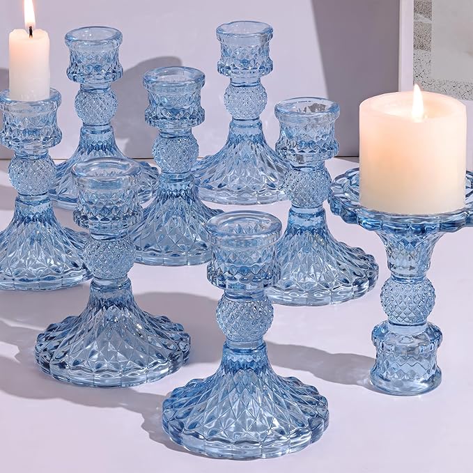 12Pcs 4" H Aqua Blue Candlestick Holders Set- Taper Candle Holders Bulk, Glass Candle Holders for Wedding, Party, Romantic Dinner Table Centerpieces, Festival Gifts & Windowsill Decor-HomvellaHome