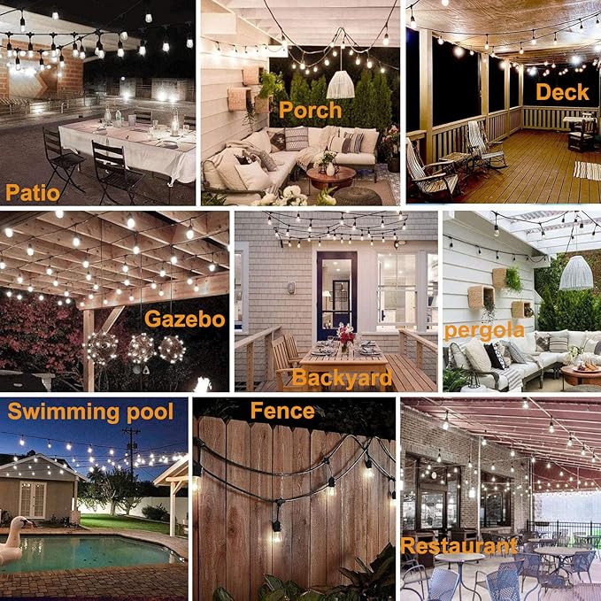 120 FT Outdoor String Lights LED Waterproof with 40 Shatterproof Plastic Warm Edison Bulbs String Bistro Lights for Patio Gazebo Pergola Market-HomvellaHome