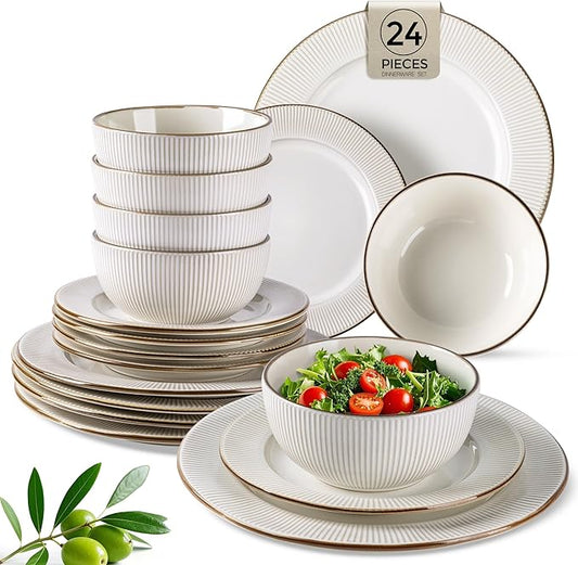 GBHOME Ceramic Dinnerware Sets, 24 pcs Embossed Elegant Stoneware Plates and Bowls Sets, Housewarming Wedding Gift | Dishwasher & Microwave Safe | Dishes Set Service for 8-HomvellaHome