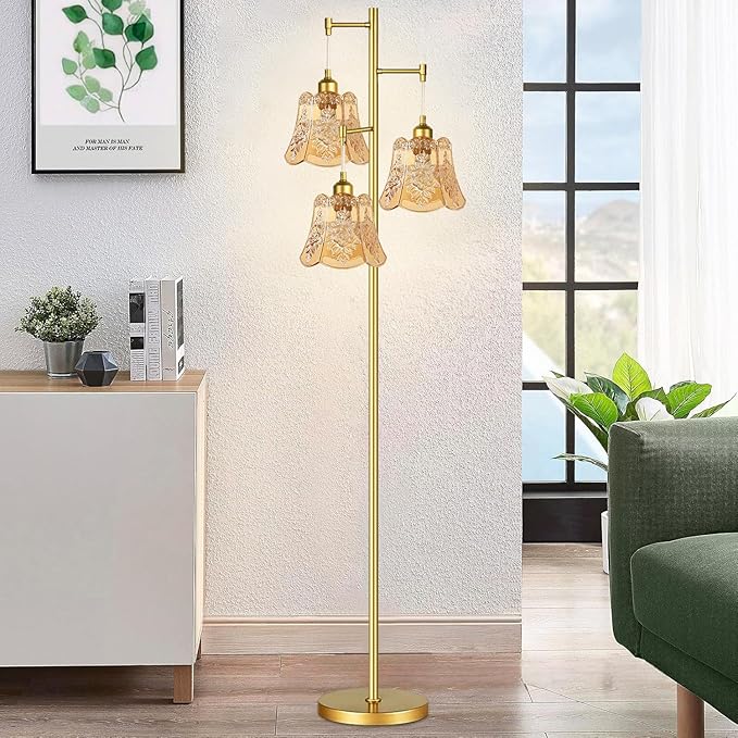 Gold Floor Lamp for Living Room,Bedroom,Tree 3 Light Standing Lamp Mid Century Modern Brass Tall Floor Lamps Vintage Retro Floor Lights Glass Green Flower Lamp Shade Farmhouse Boho Bohemian-HomvellaHome