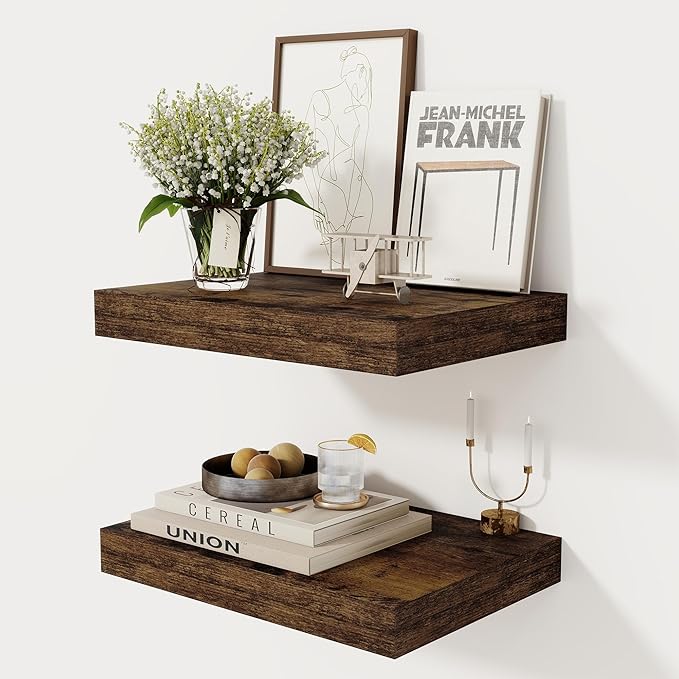 12 Inch Deep Floating Shelves, 16 x 12 Floating Shelf for Books, Rustic Wood Deep Wall Shelves for Home Storage & Display, 2" Thicked Shelves for Kitchen, Living Room, Bedroom, Rustic Brown, 2 Pack-HomvellaHome
