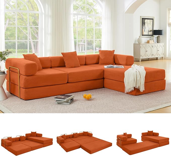 108" Oversized Convertible Sleeper Sofa Bed, Corduroy L Shape Sectional Couch, Folding Sofa Bed with Side Pocket, Modern Cloud Floor Mattress Couch, Modular Sofa for Living Room, Orange-HomvellaHome