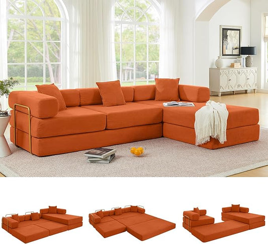 108" Oversized Convertible Sleeper Sofa Bed, Corduroy L Shape Sectional Couch, Folding Sofa Bed with Side Pocket, Modern Cloud Floor Mattress Couch, Modular Sofa for Living Room, Orange-HomvellaHome
