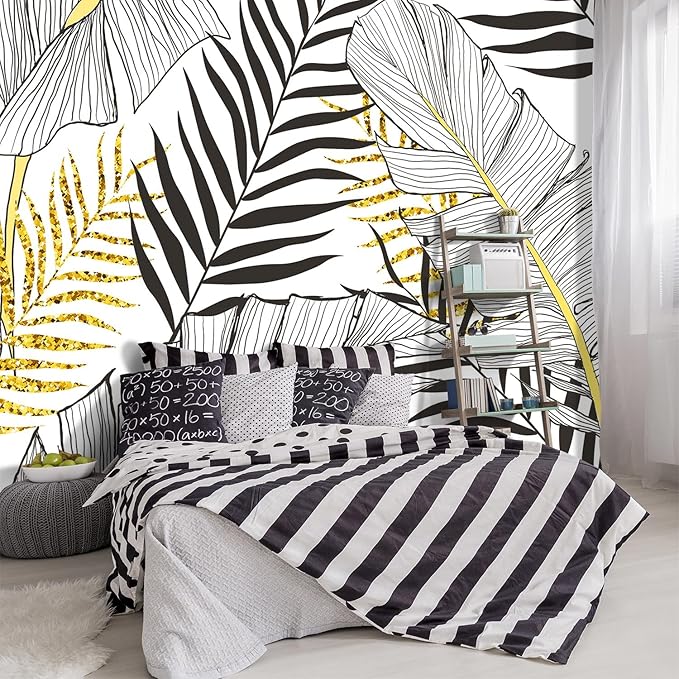 -Black and Gold Tropical Botanical Banana Leaf Fabric Wallpaper Living Room Bedroom Bathroom Abstract Plant Large Wall Mural- 160"x108"（ not Peel and Stick）