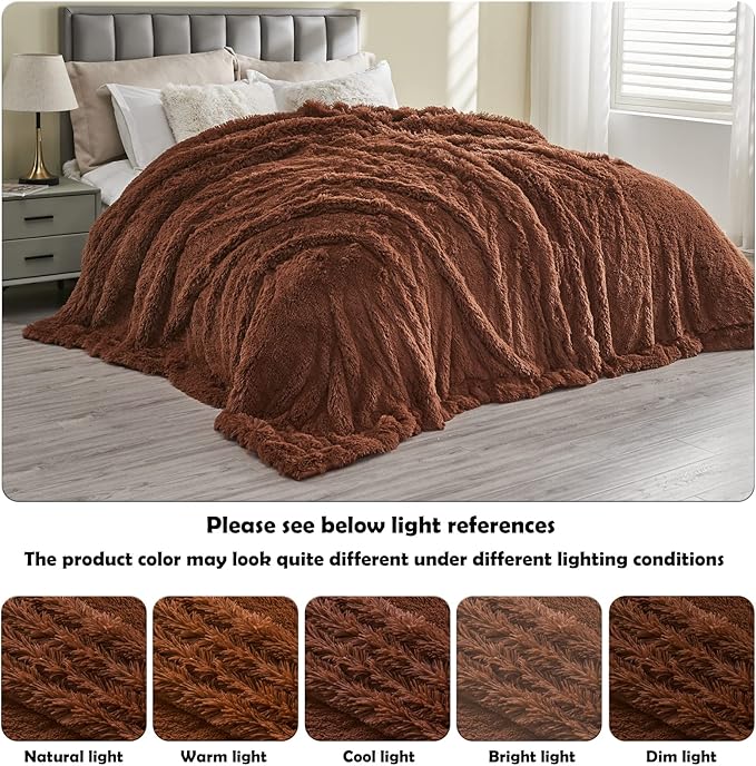 GONAAP Fuzzy Faux Fur Throw Blanket Queen Size Coffee Super Soft Cozy Plush Fuzzy Shaggy Blanket for Couch Sofa Bed (Coffee, Queen(90"x90"))-HomvellaHome